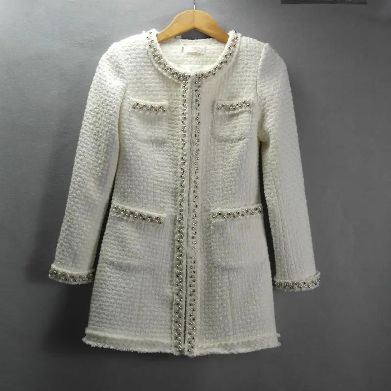 

White tweed jacket and long sections Autumn / Winter long-sleeved jacket small fragrant wind windbreaker coat Heavy beaded coat