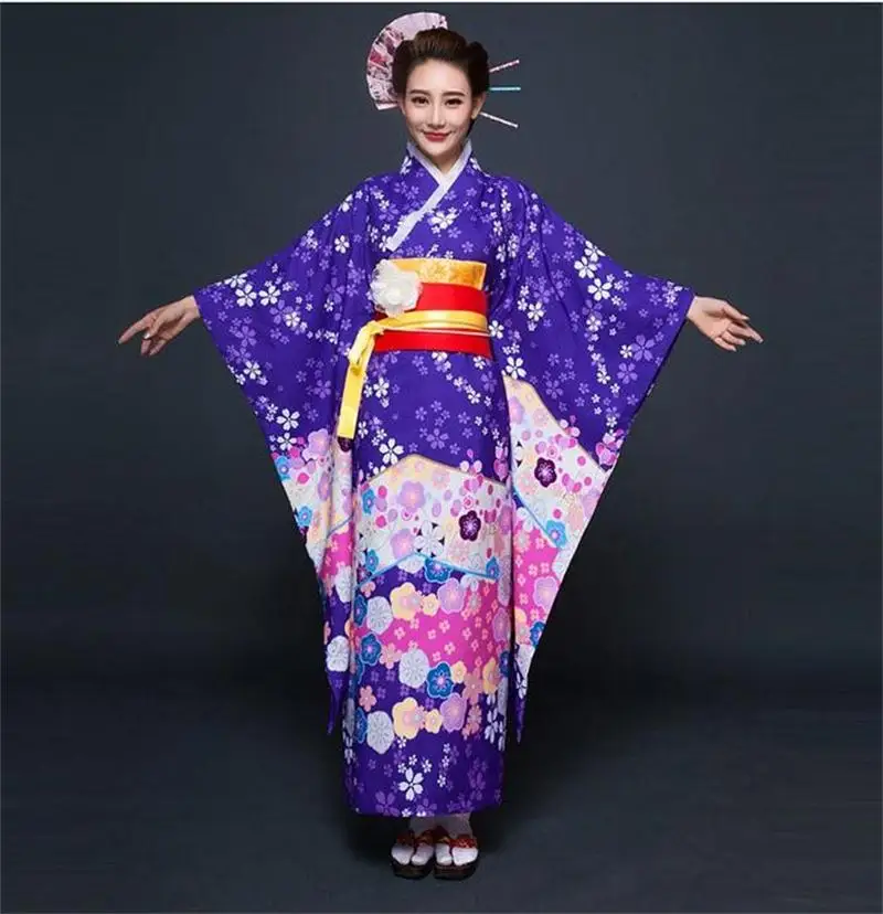 Одежда высшего качества фиолетовый японский Стиль Для женщин кимоно традиционный юката с Оби Винтаж вечернее платье цветок один размер