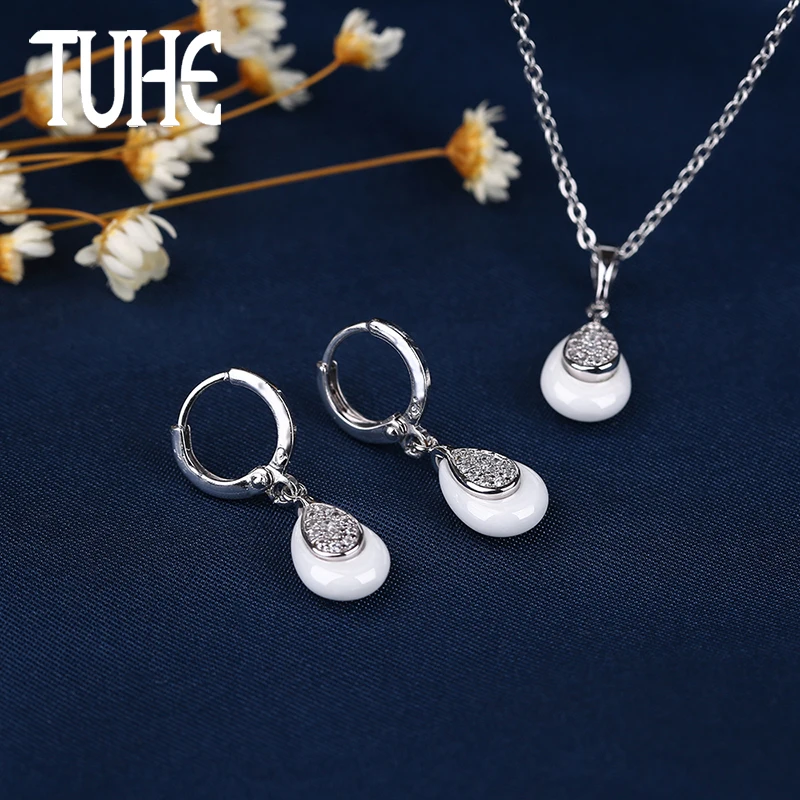 

Earrings Ring Fashion Jewelry Set White Ceramic Ring For Women Drop Earrings Jewelry Earrings Engagement Ring Anniversary Party