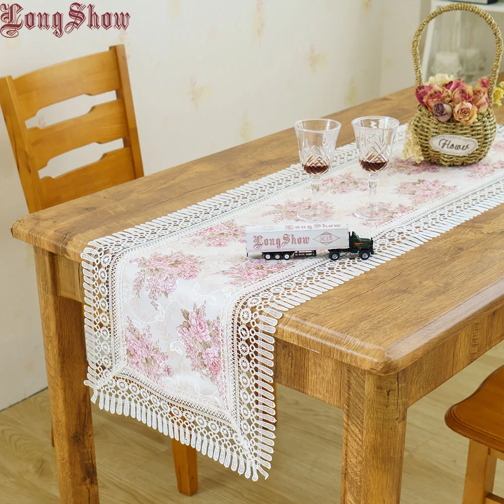 

Home Decoration 40x130cm Pink Floral European Jacquard Style Embroidered Large Tassel Table Runner