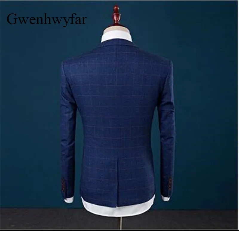 Новое поступление Для мужчин плед Slim Fit Нарядные Костюмы для свадьбы для Для мужчин бренд Бизнес формальный костюм темно-синий элегантный(Блейзер+ жилет+ Брюки для девочек