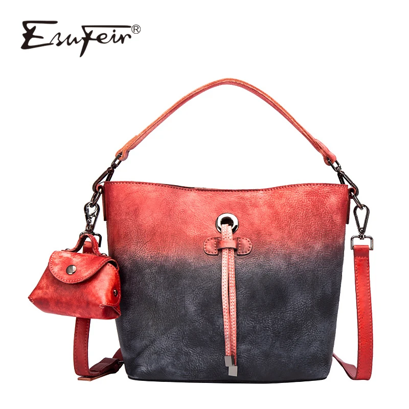 Kopen 2018 ESUFEIR Koe Leather Handtas Vintage Ontwerp Merk Tas Vrouwen Schoudertas Lederen Hoge Kwaliteit Vrouwen Emmer Draagtas