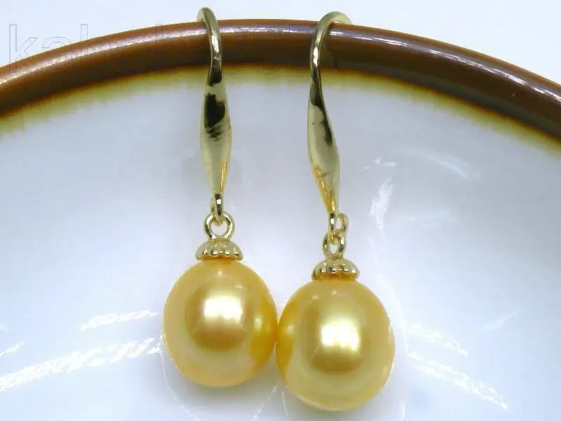 

AAA+ 9*11mm Drop Golden Yellow South Sea Dangle Pearls Earring 14K/20 Gold