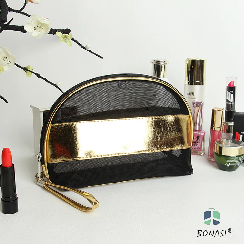 

2017 Best Sales Women Fashion Transpare Mesh Small Handheld Travel Cosmetic Bag maquilhagem with handle for Make up Cases