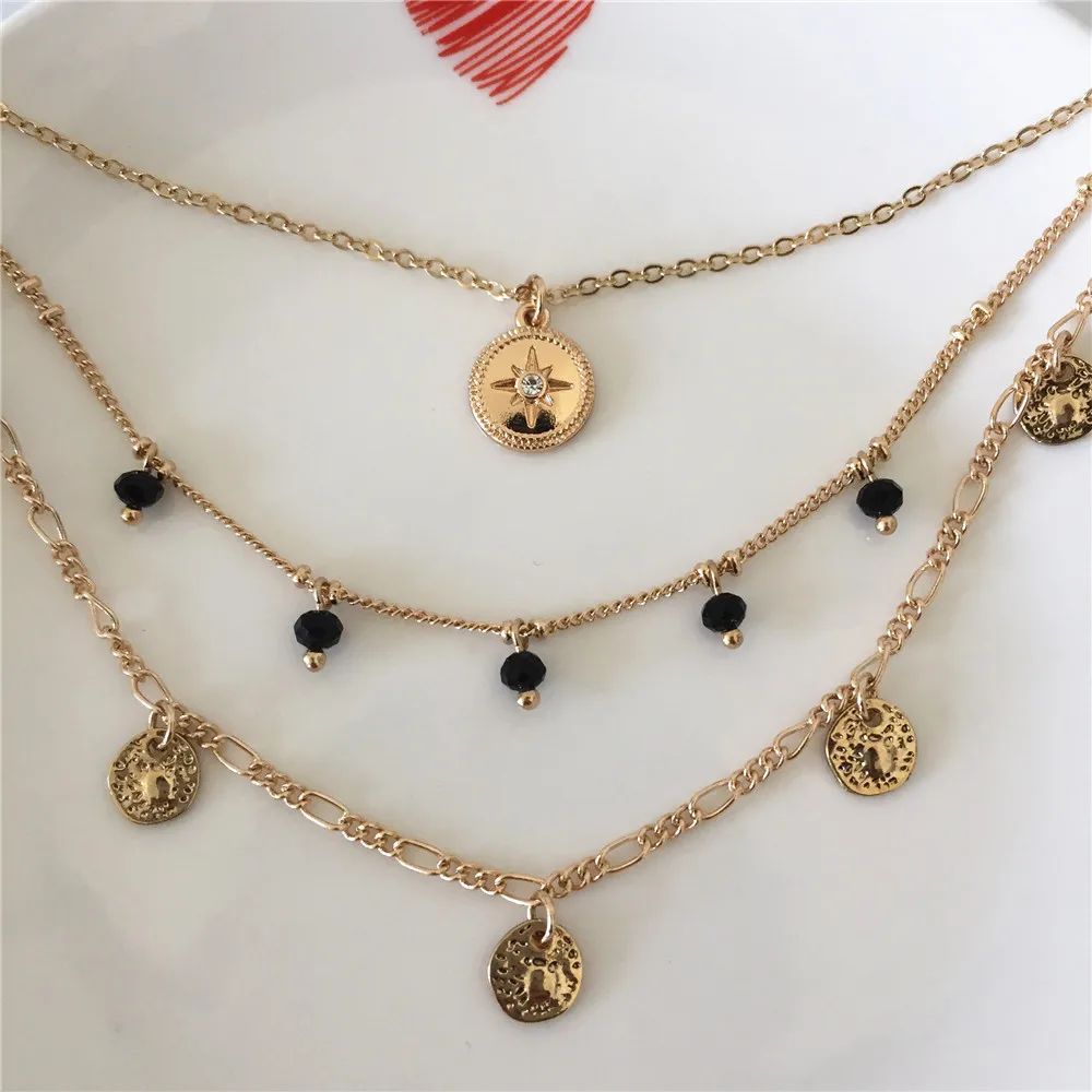 Повседневное золотое покрытие черная бусина с Круглым Диском кулон LAYAT ожерелье для женщин