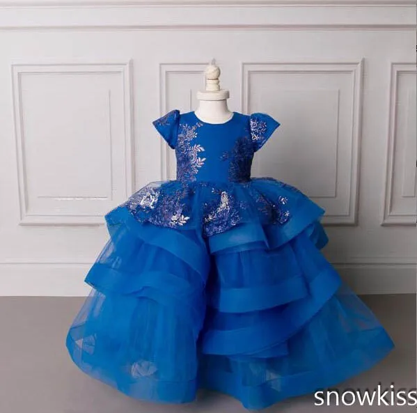 Cute blue cute baby girl lace dress crew neck puffy ruffle tulle short sleeve 1st birthday party outfit with appliques