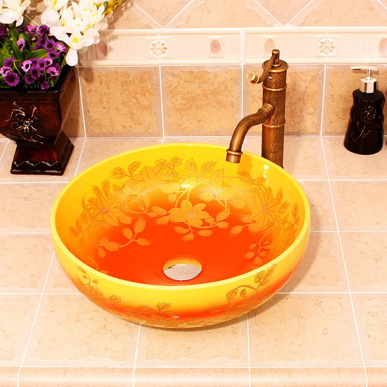 Orange hibiscus Painting China Artistic Ceramic wash basin Round ...