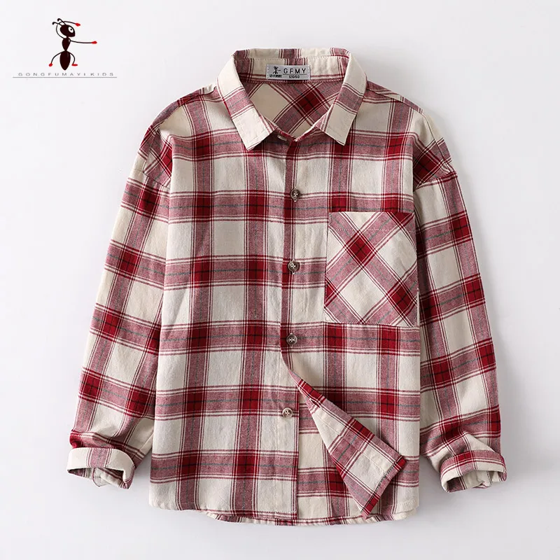 

2019 Original Design New Spring 100%Cotton Lattice Full Sleeve Boys Shirts 5T-12T Leisure Pocket Big Children's Shirts 3395