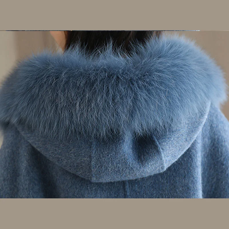 Winter Women Woolen Coat Outerwear Female Medium-long Hooded Trench Big Fur Collar Casual Casaco Feminino Female Jacket