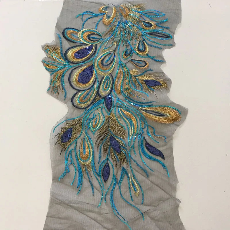 2Pcs Royal Blue Sequin Peacock Feather Net Mesh Embroideried Fabric