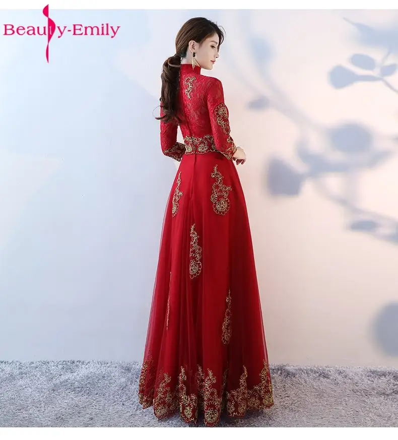 Beauty-Emily Elegant Wine Red A-Line Evening Dresses 2019 Prom Dresses High Neck Floor Length  Three Quarter Formal Occasion 