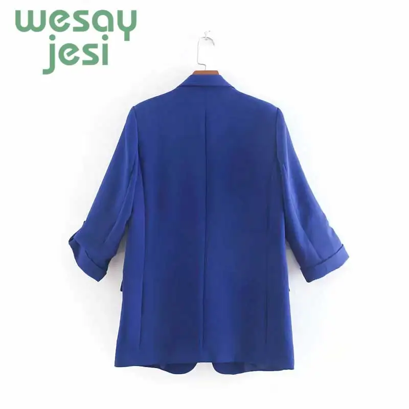 Vintage Women Blazer Pockets Jackets Female 2019 Retro Suits Coat  blue Blazer Loose Coat Streetwear