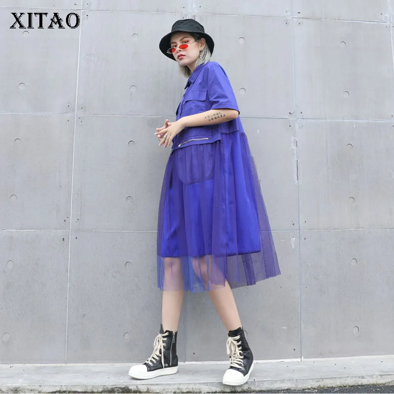 

[XITAO] 2019 Summer Korea Fashion New Women Turn-down Collar Short Sleeve Loose Solid Color Pocket Lace Patchwork Dress WBB3721