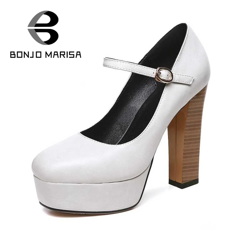 

BONJOMARISA Big Size 32-42 Fashion Women Mary Jane Belt Strap Square High Heels Pumps Party Wedding Dress Platform Shoes