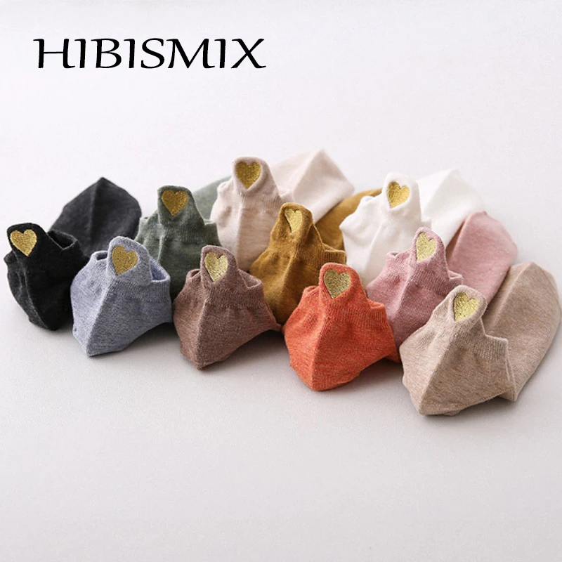 HIBISMIX Для женщин вышивка носки с принтом в форме сердца 1 пара новая х/б ткань Повседневное носки для девочек, носки для студентов S0009