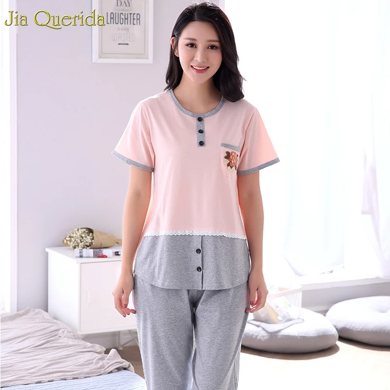 

Women Sleeping Wear Set 100% Soft Cotton Pajama 2019 Summer New Woman Home Clothes Plus Size Xxxl 4xl Big Size Women Pajamas Set
