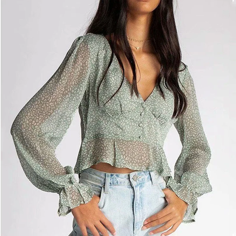

Fashion Chiffon Green Print Women Tops shirt and Blouse Women 2019 Summer V Neck Puff Sleeves See Through Shirt Mujer Blusa