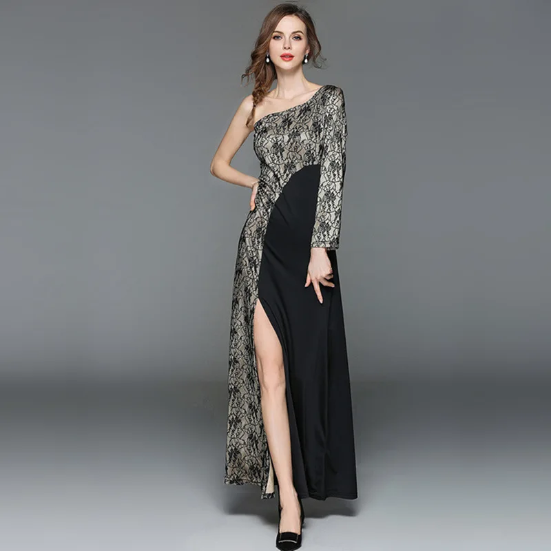 2018 spring summer new fashion sexy women lace dress shoulder sleeve bare shoulder slim female lace formal dress long dress