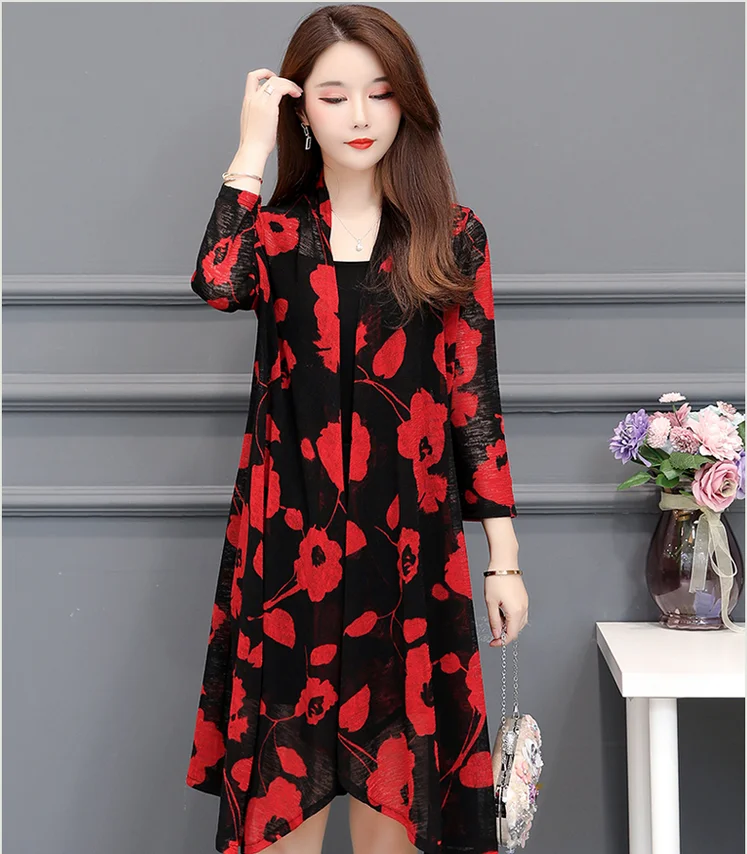 

2019 Summer New 40-50 Year Old Middle-Aged Woman Cardigan Shawl Sunscreen Print Loose Plus Size Thin Coat T466