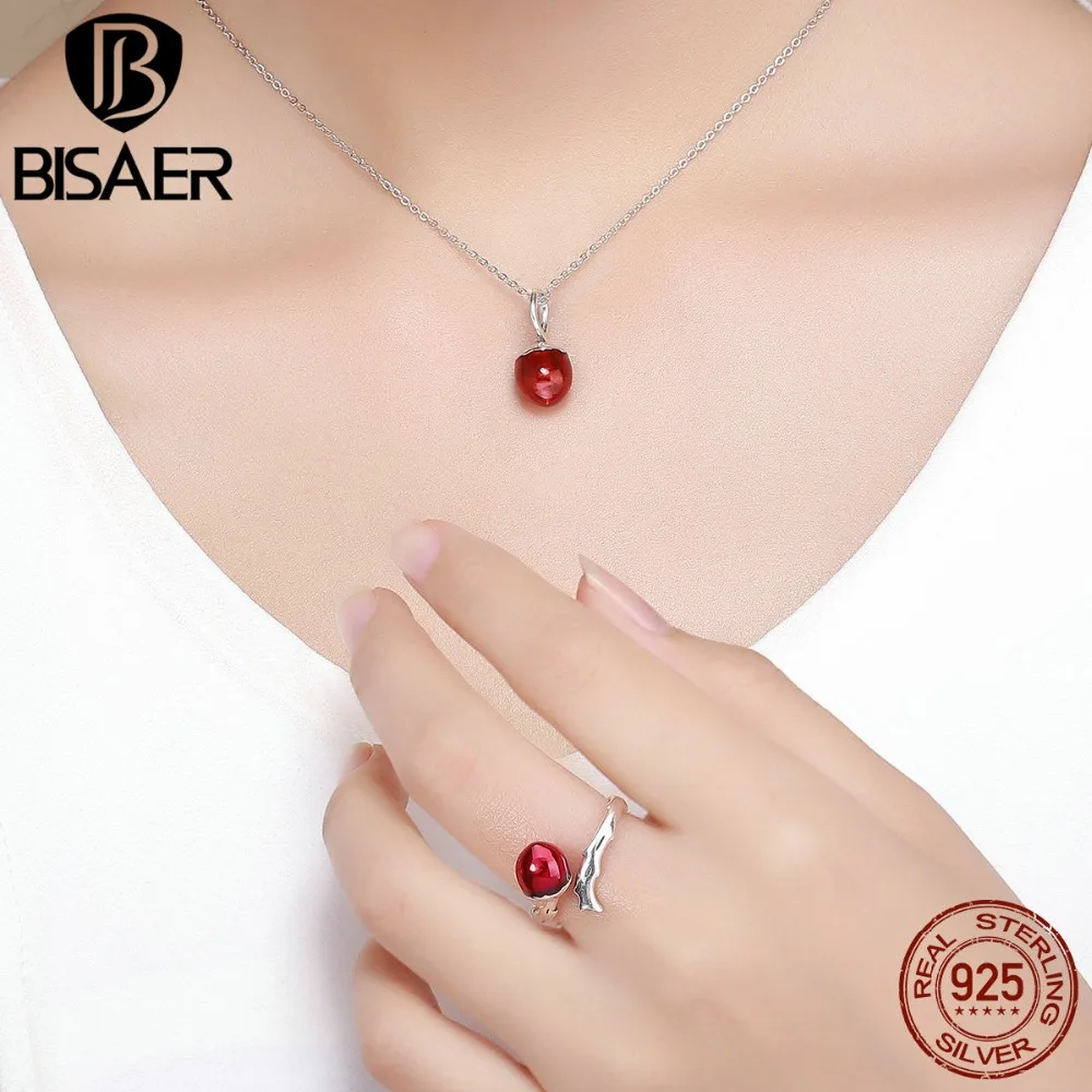 

BISAER Genuine 925 Sterling Silver Red Enamel Fruit of Courage Free Size Finger Ring Jewelry Set for Women Fashion Party Jewelry