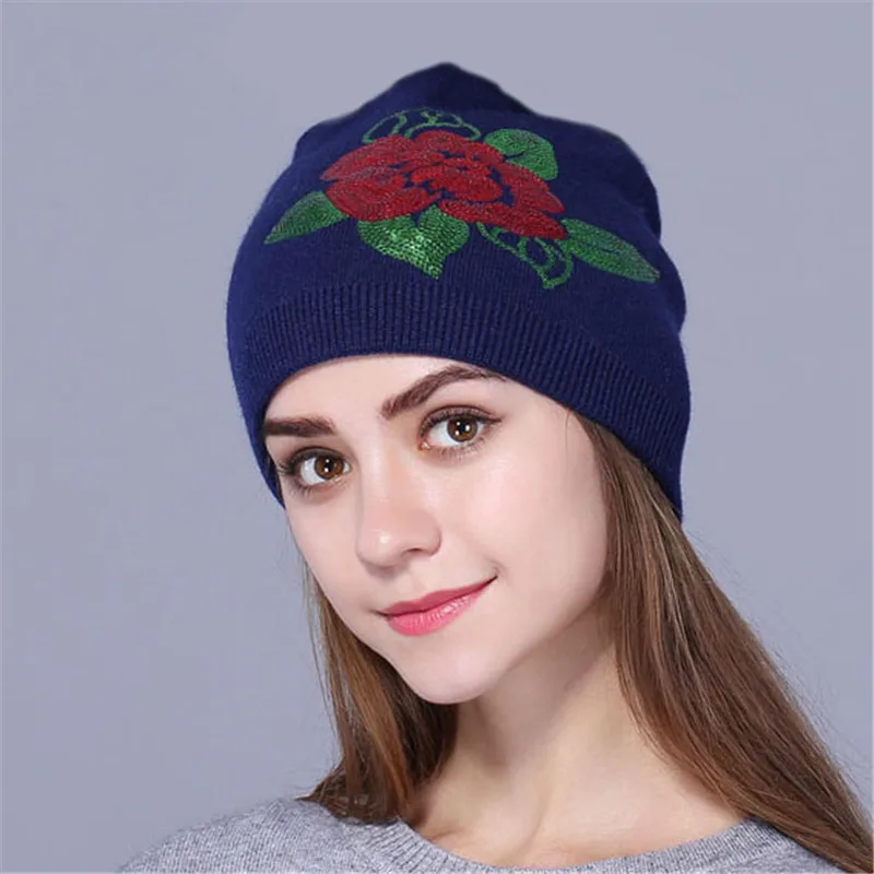 Xthree, Женская кашемировая зимняя шапка, вязаная, Skullies Beanies, шапка для женщин, шерстяная, вышивка, цветок, шапка для девочек, gorros - Цвет: Тёмно-синий