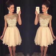 2016 Champagne Sparkly Short Prom Cocktailkleider Niedlichen Perlen A-linie Knielangen Bling Cocktailparty-kleider Robe De Cocktail