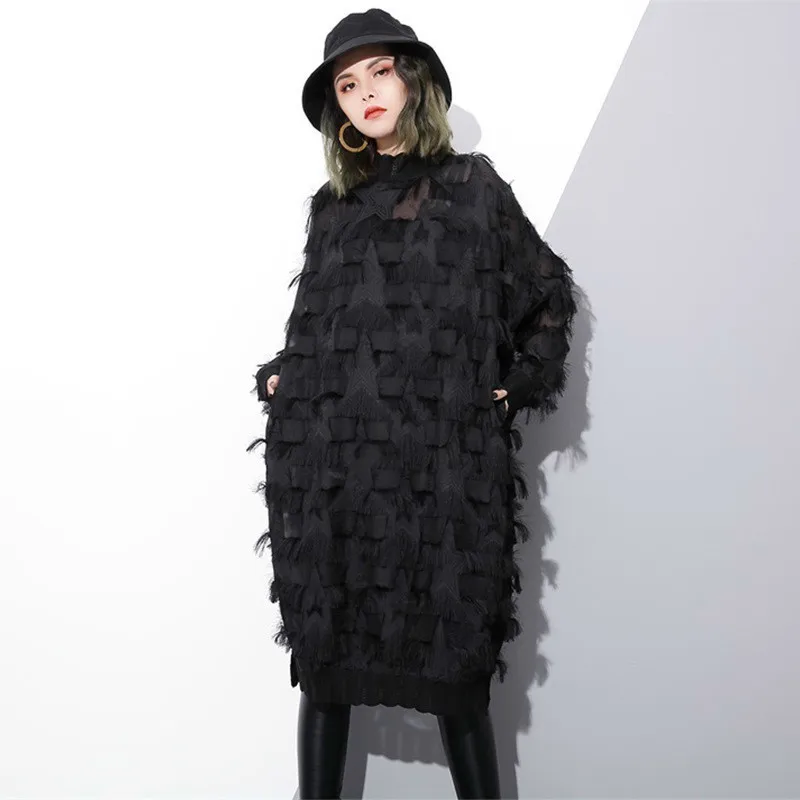

Large Size Women's Summer Autumn Dresses 2019 Star Lace Long Loose Dress Black Full Sleeve Vestidos Sexy Woman One Piece Clothes