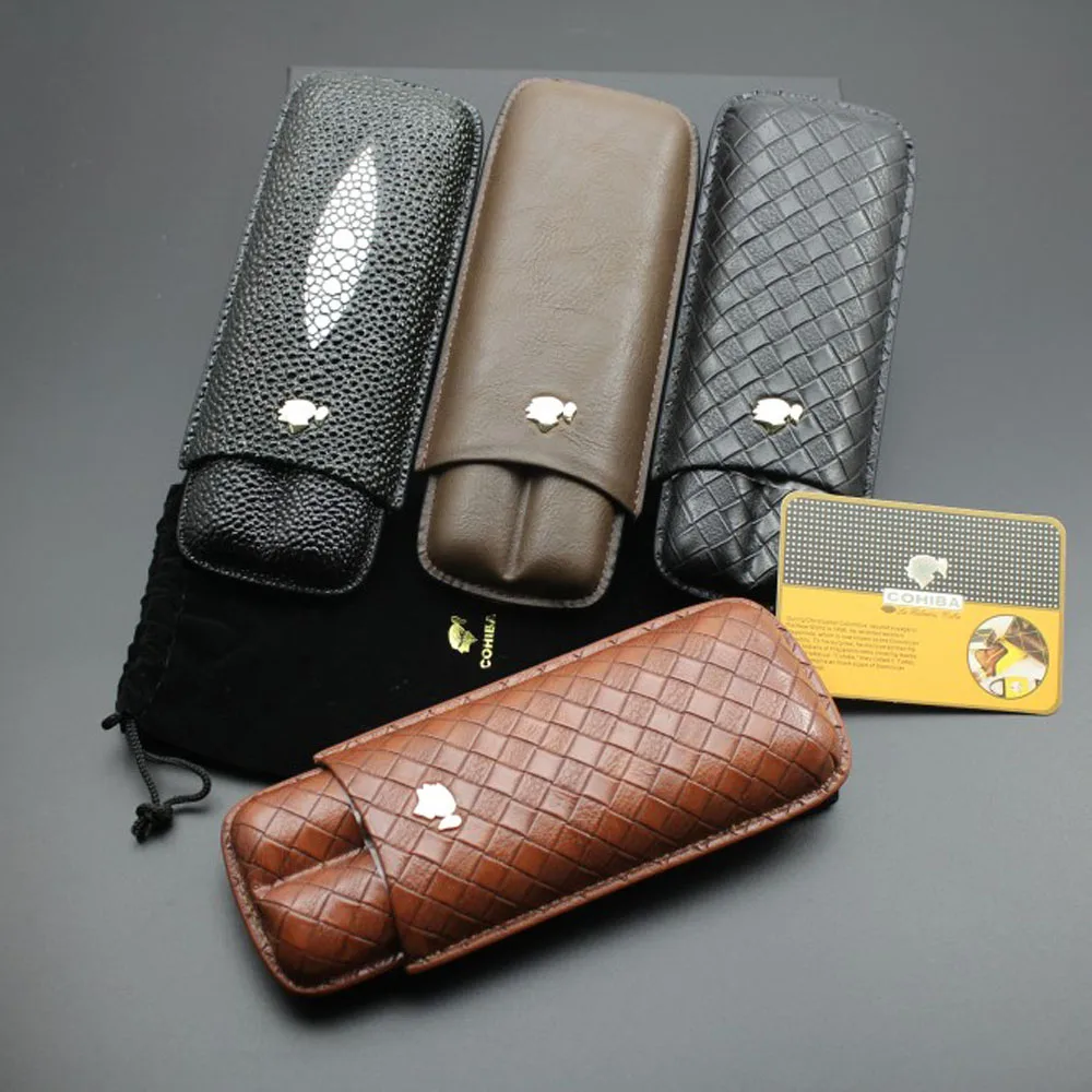 

1X New COHIBA Gadgets Grid Leather Cigar Case Holder Case Humidor 2 Tube Count Portable Travel Humidor with Gift Black Pouch Box