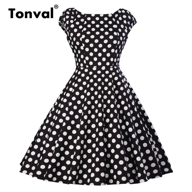 Black with dots Tonval Хепберн винтажное желтое платье для женщин с коротким рукавом летние хлопковые повседневные платья в горошек рокабилли Ретро платье - Цвет: Black with dots