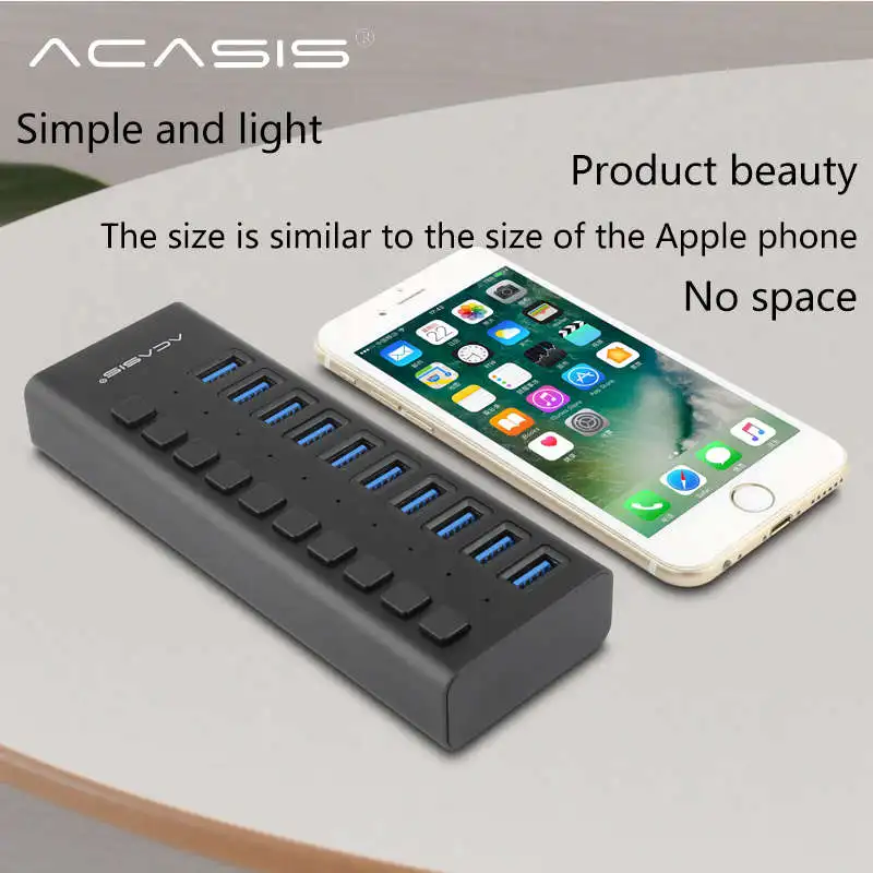 Acasis usb-хаб 3,0 Супер скорость 5 Гбит/с 10 портов Портативный Usb 3,0 концентратор разветвитель с внешним адаптером питания ПК для аксессуаров