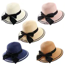 Women Summer Wide Brim Hat Bowknot Straw Hat Folding Beach Hat For Holiday Outdoor Sun Hats curly brim pompon bowknot embellished pillbox hat