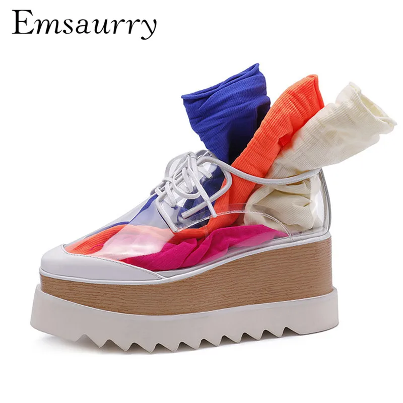 

Thick Bottom Flat Platform Shoes Woman 2019 New Spring Clear PVC Transparent Square Toe Lace Up Casual Shoes Women