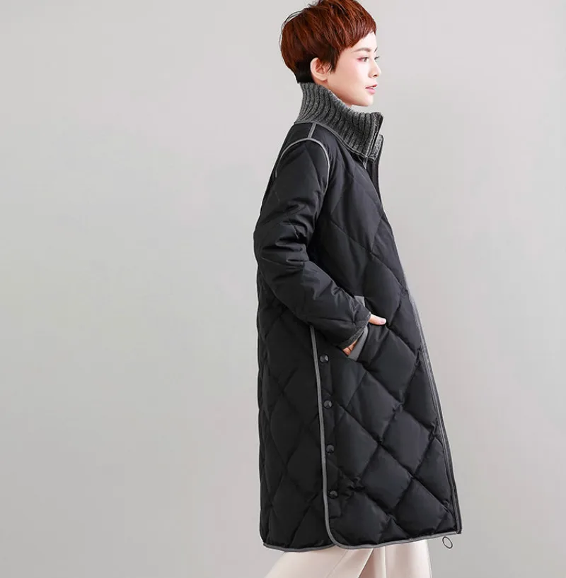 Женский офисный пуховик M ~ 3XL длинная трикотажная парка с высоким воротом и