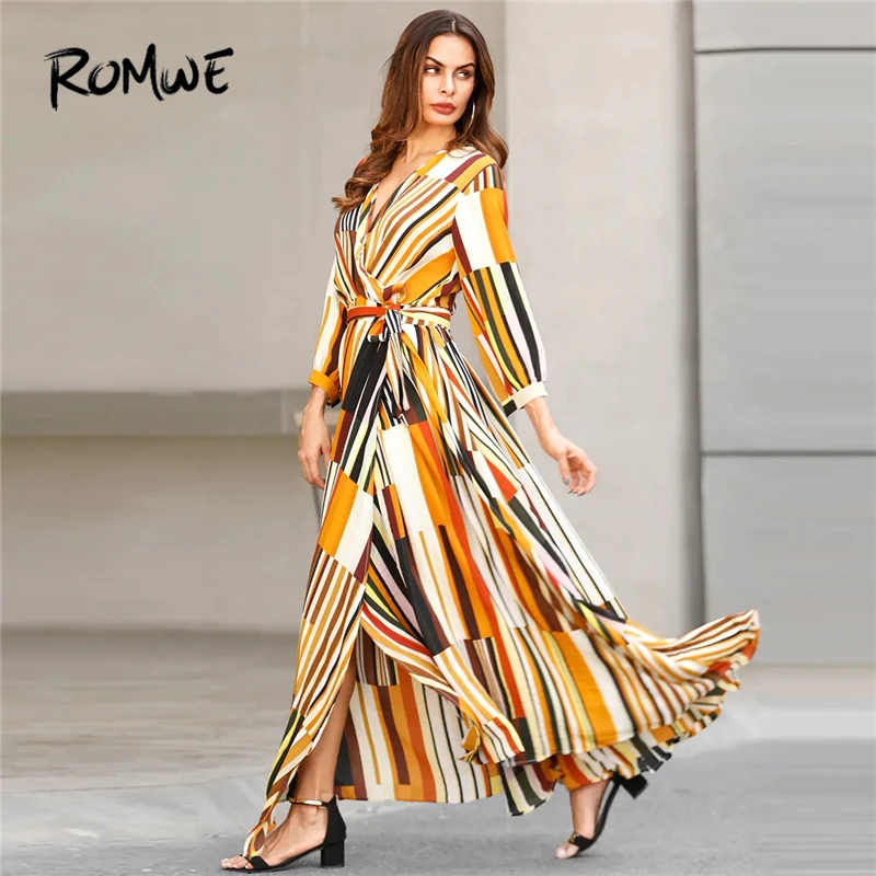 

ROMWE Multicolor Mixed Striped Belted Wrap Split Dress Women Summer Boho V Neck Long Sleeve Trapeze Streetwear Maxi Dresses