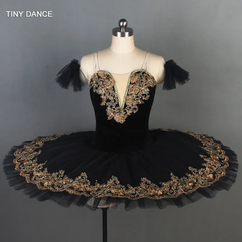 

Black Swan Professional Ballet Dance Tutu Velvet Bodice with Nude V Neck and Gold Trim on Pleated Tutu Ballerina Costumes BLL089