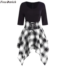 Модное женское асимметричное платье в клетку со шнуровкой и круглым вырезом, Женские винтажные вечерние платья Vestidos