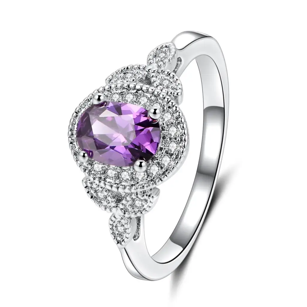 

2019 Newest Hot Sale Women Inlay Rings Silver Color Filled Finger Jewelry Purple/Yellow/Green Oval CZ Elegant Rings For Party