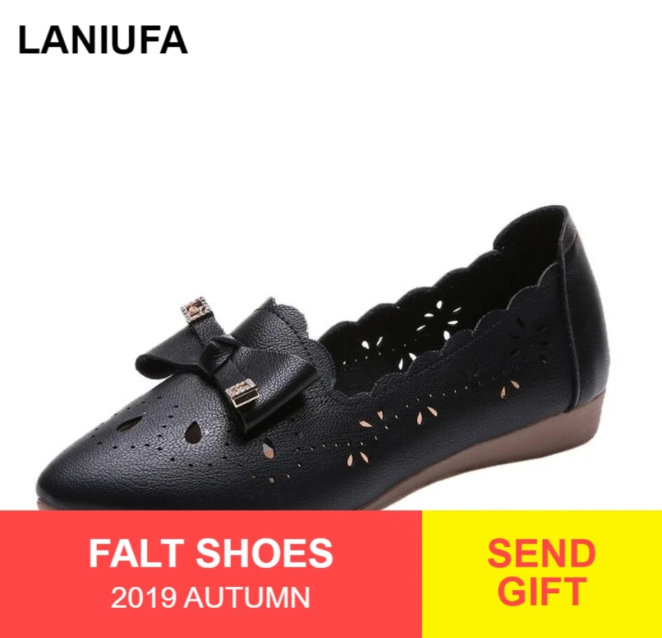 

New Autumn women flats shoes 2019 casual Hollow breathable PU leather shoes women bow zapatos Plus size 35-40 &307