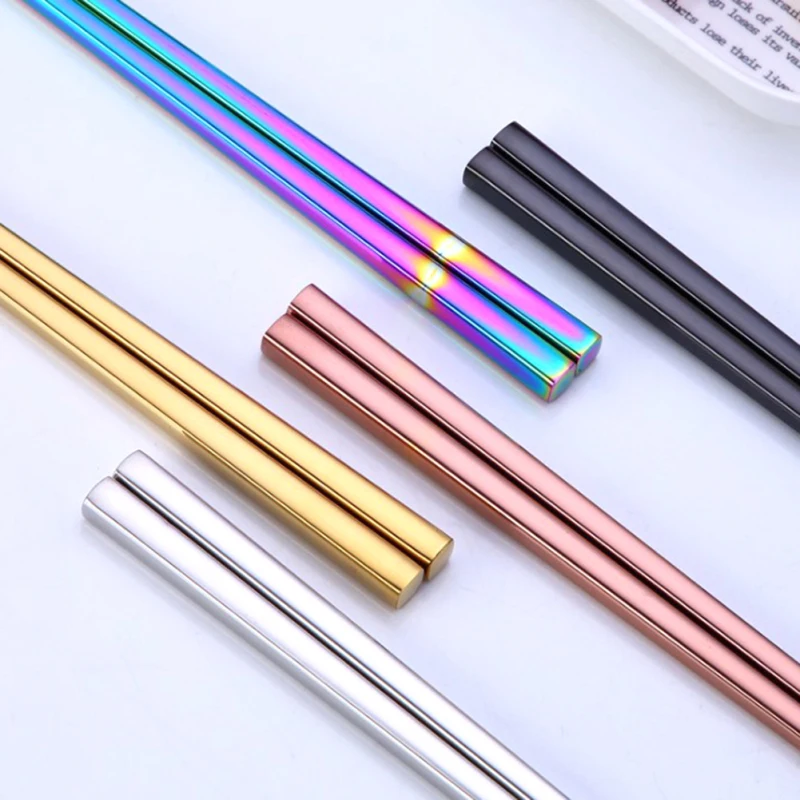 

1 Pair Dishware Silver Iron Antiskid Household Metal Chinese Sticks Stainless Steel Tableware Colorful Reusable Long Chopsticks