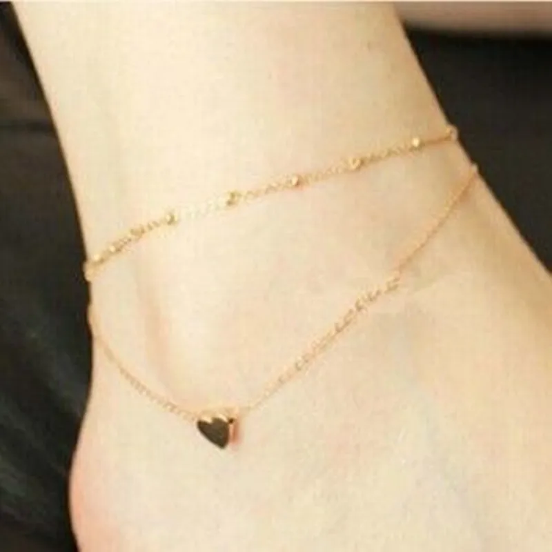 

Summer Style Charming Heart Pendant Two Chains Anklet Ankle Bracelet Foot Jewelry Barefoot Sandals Anklets For women