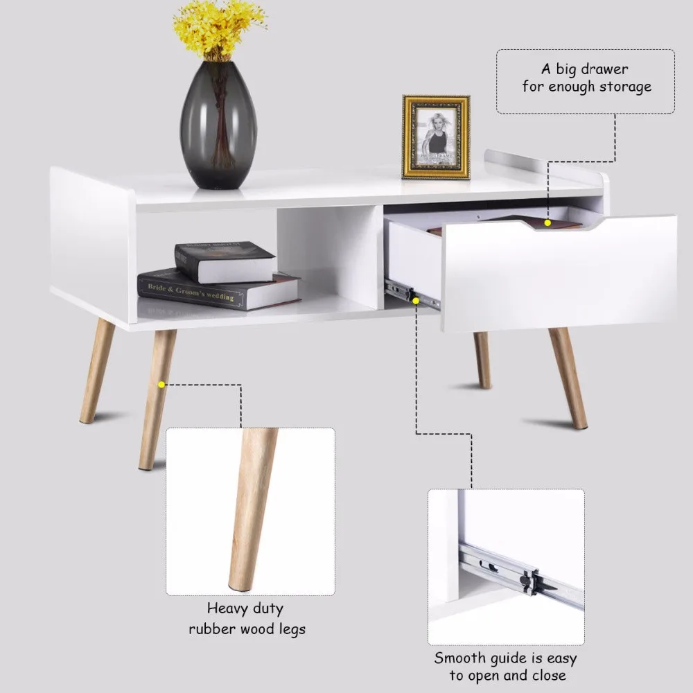 Giantex Modern Coffee Table Side End Table Cabinet With Drawers Solid Wood Legs Home Furniture HW57466