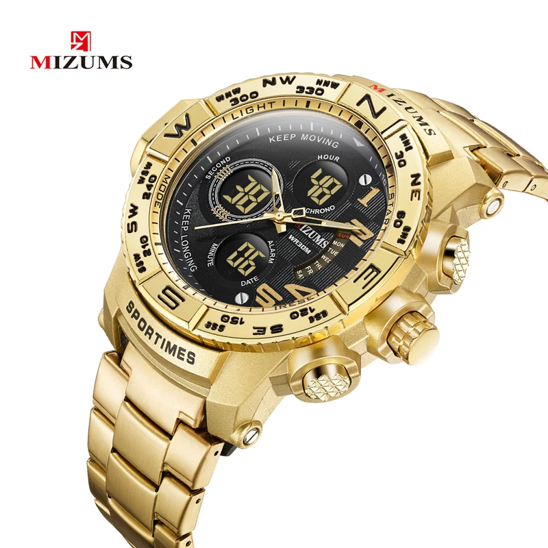 Мужские часы MIZUMS, золотые кварцевые аналоговые цифровые светодиодный дисплей, стальной ремешок, спортивные деловые часы для мужчин, часы Chrono, военные часы
