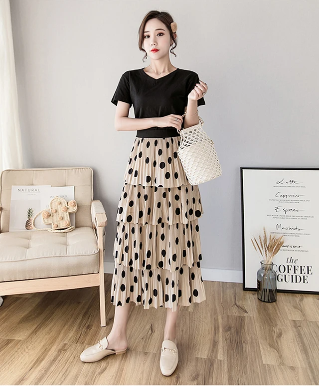 2019 сезон: весна-лето женские длинные юбки корейская мода Эластичный Высокая талия торт слоистых рюшами в горошек юбки для женщин