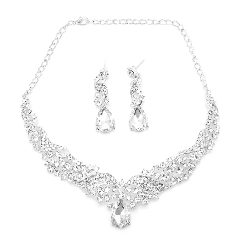 

Fashion Luxury Women Luxury Wedding Prom Bridal Crystal Rhinestone Necklace Earring Jewelry Set
