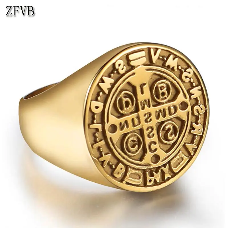 

ZFVB Religiosos Catolico Rings Mens Gold Color Scripture Cross Saint Benedict Medal Ring Wedding Jewelry Bijoux Gift