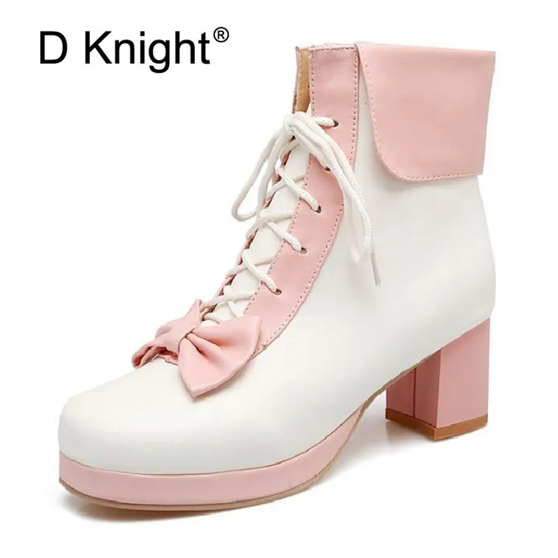 

D Knight Bow Lolita Princess Shoes Women Martin Boots Lace Up Thick Heel Female Girl Ankle Boots Big Size 12 Short Platform Boot