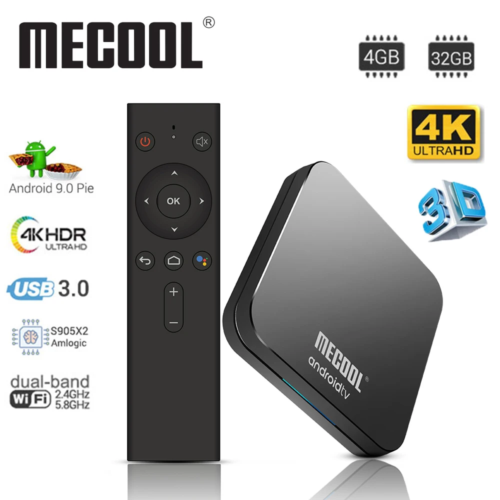 ТВ приставка MECOOL Smart Android 9 0 KM9 Pro Amlogic S905X2 4 Гб + 32 ГБ Двойной Wi Fi BT4.0 голосовое