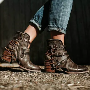 

Vogue Women Boots Nice Leather Ankle Boots For Women Buckle Square Heel Winter Shoes Casual High Heel Boots Botas Mujer