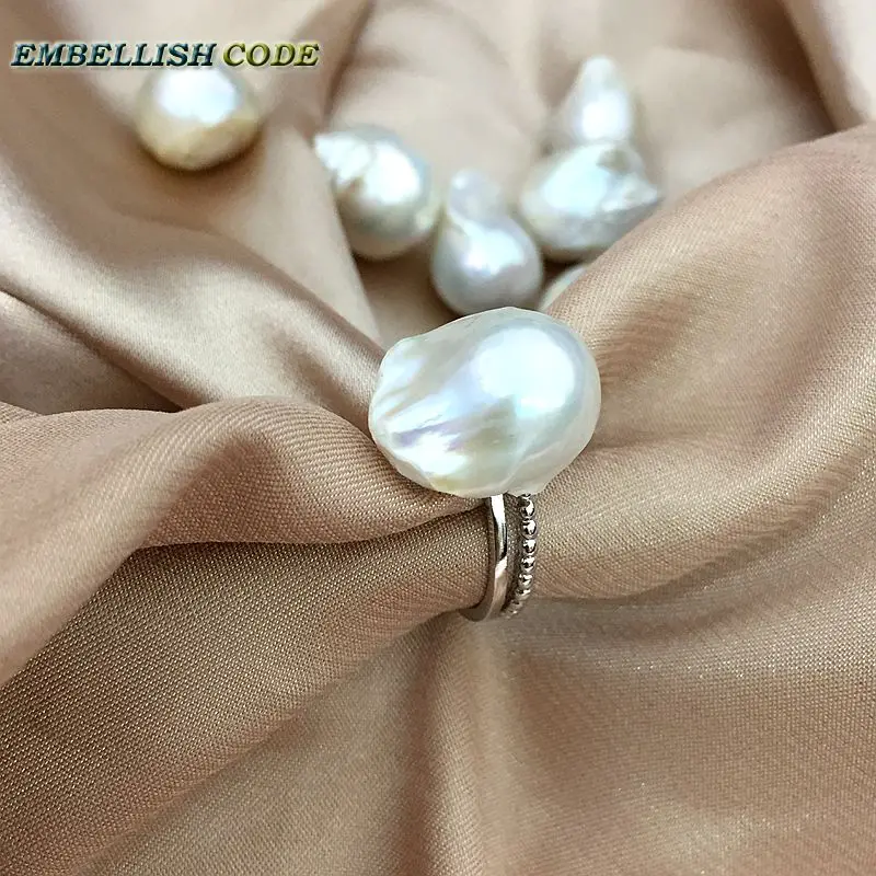 Adjustable size Resize baroque pearl 925 silver Ring simple modern white Lustrous tissue nucleated fire ball shape for women