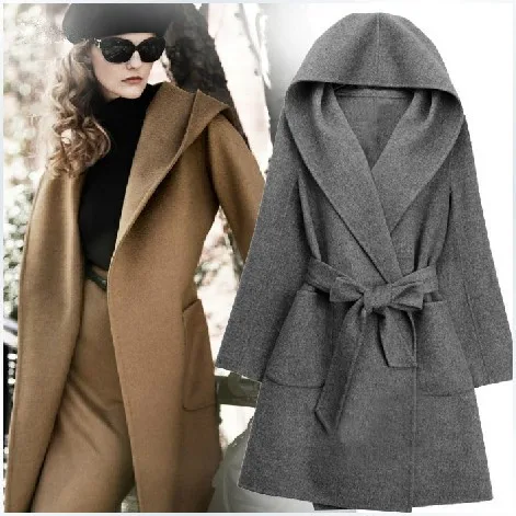 

2019 High street Fashion cashmere wool coat women autumn winter jacket loose outwear big size hooded overcoats 3 colors